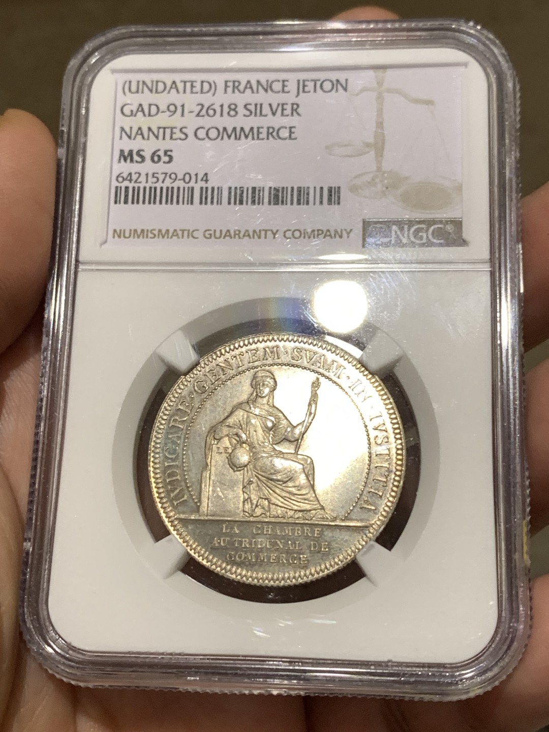 《竞宝斋》第167场-周日，周一，周四 3场 (全场包邮) NGC MS65 19世纪法国南特商会女神银章代用币 顶级品相状态