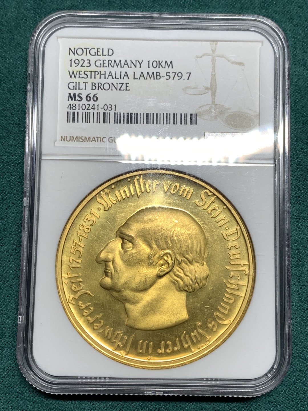 《竞宝斋》第167场-周日，周一，周四 3场 (全场包邮) NGC-MS66 德国 1923 威斯特法伦1万镀金马克 镀层非常完美 光度很好