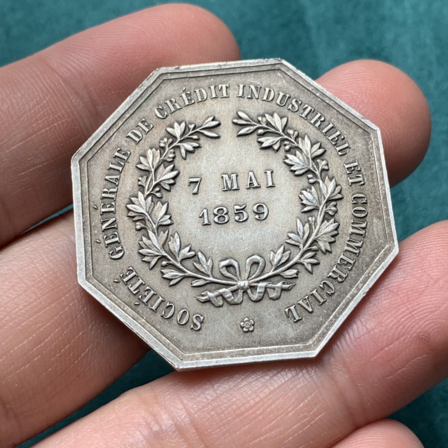 《竞宝斋》第167场-周日，周一，周四 3场 (全场包邮) 法国 1880-1898 工商信贷 银行八角 银质代币 22.1克 对边37mm 丰饶角边铭 银标