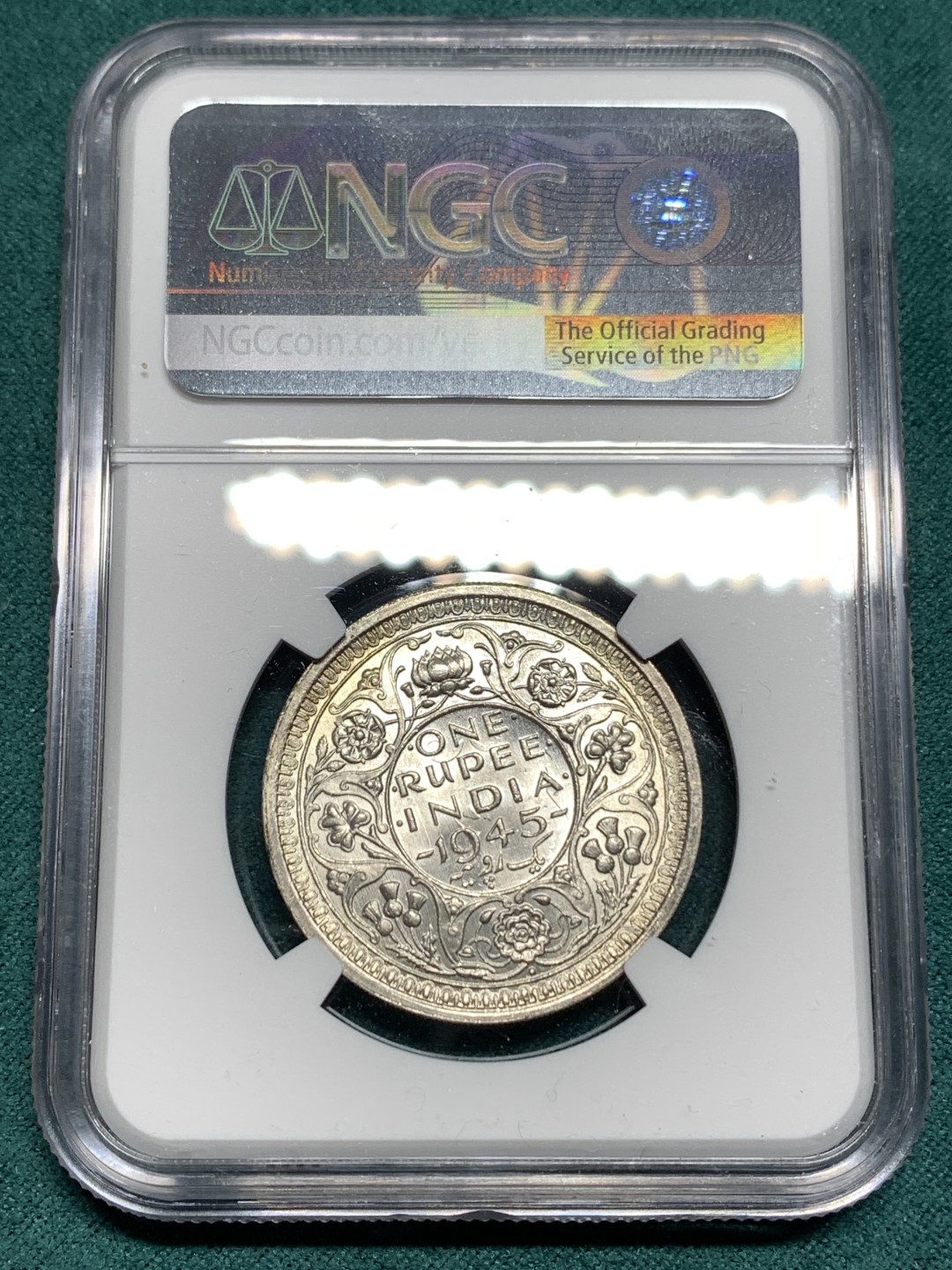 《竞宝斋》第167场-周日，周一，周四 3场 (全场包邮) NGC MS63 英属印度 1945年B版 乔治六世 1卢比银币 阴阳彩 光度一流 亚军分数 更高分仅1枚