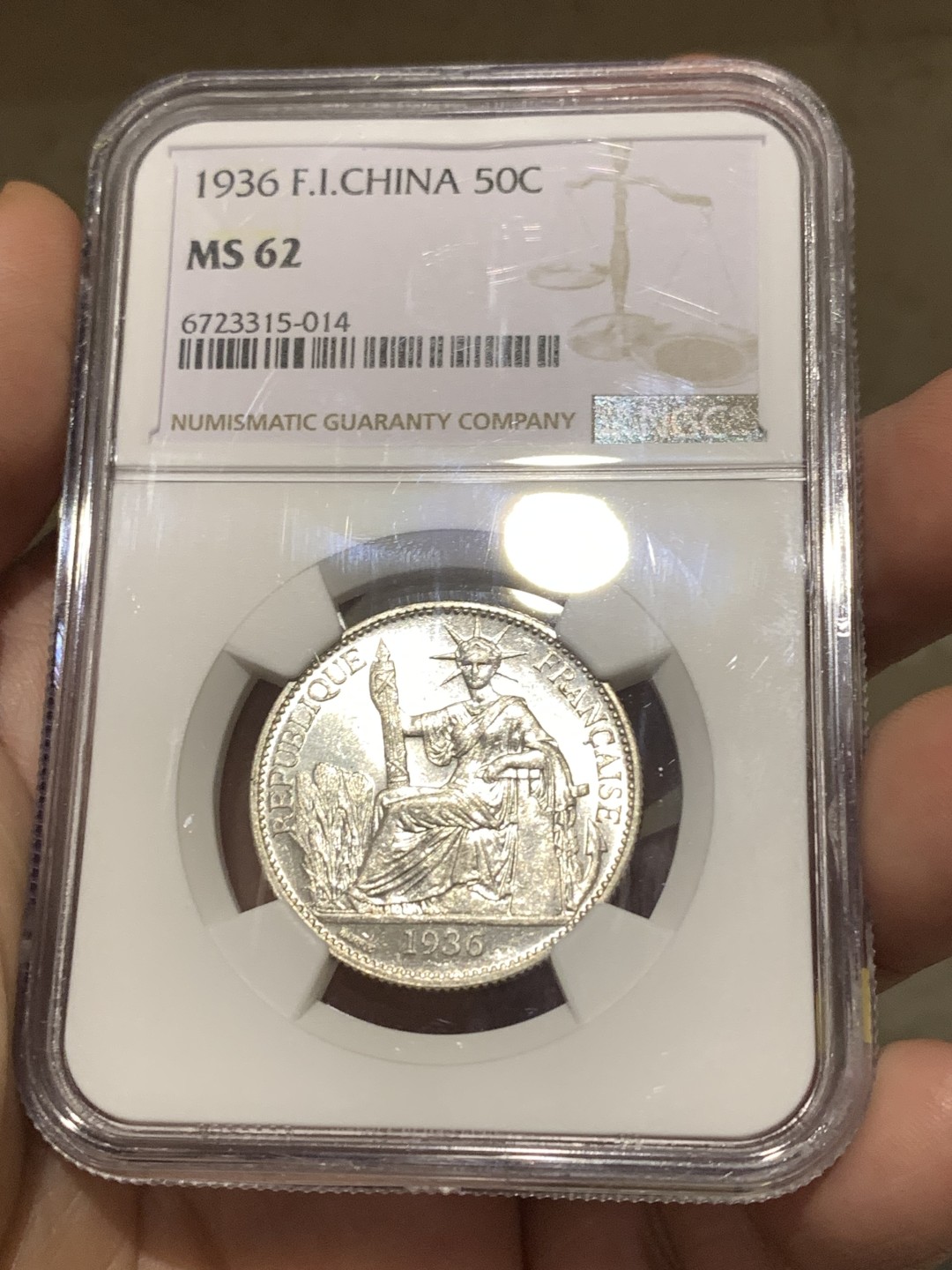 《竞宝斋》第167场-周日，周一，周四 3场 (全场包邮) NGC-MS62 法属印支 1936年 50分 银币 高浮雕 转光十足 PL底板