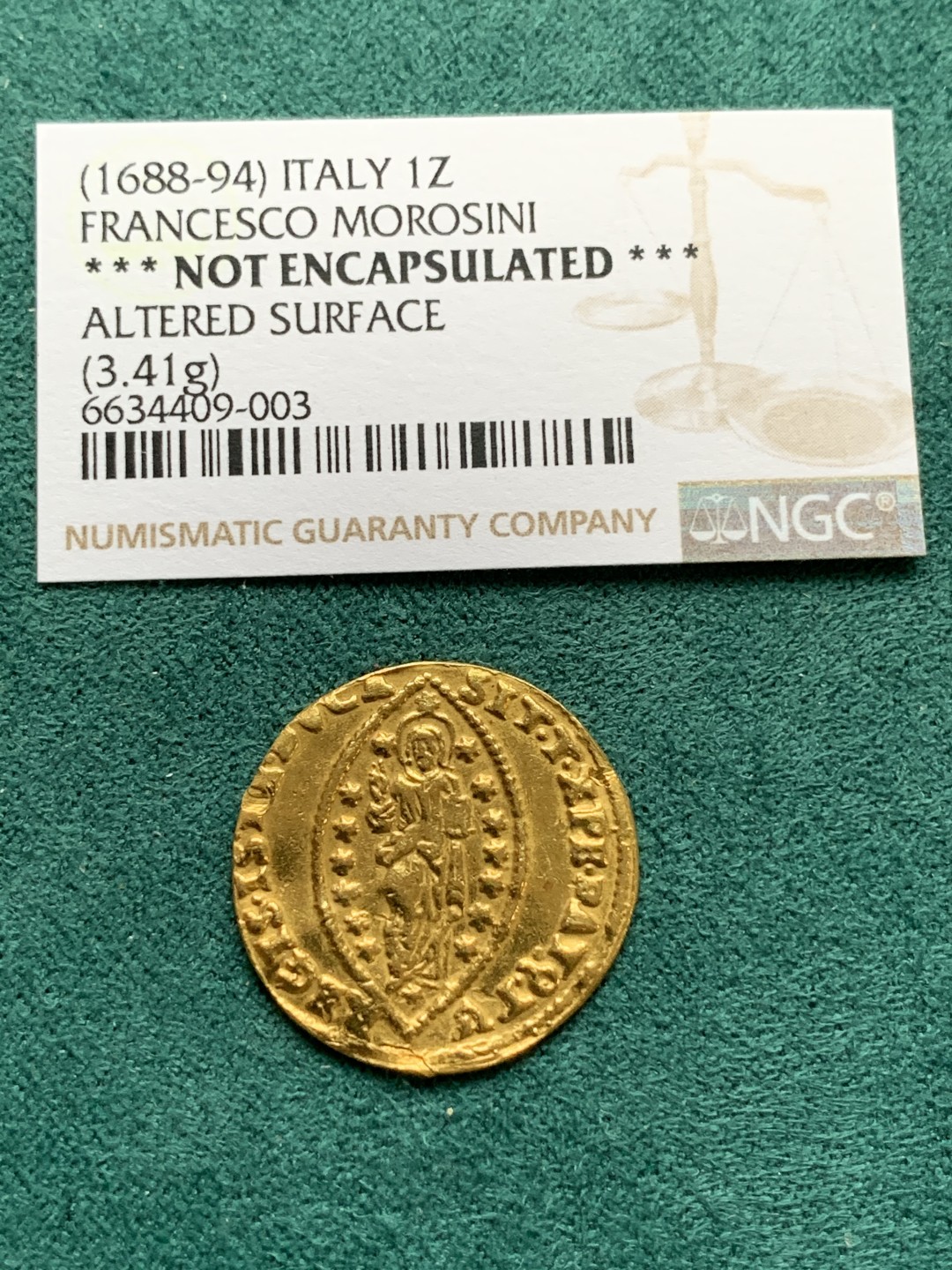 《竞宝斋》第167场-周日，周一，周四 3场 (全场包邮) 1688-94 威尼斯共和国 杜卡特金币 3.41克 999金  上海没法评级 送的美国N，给了状态改变 充分流通的必然结果