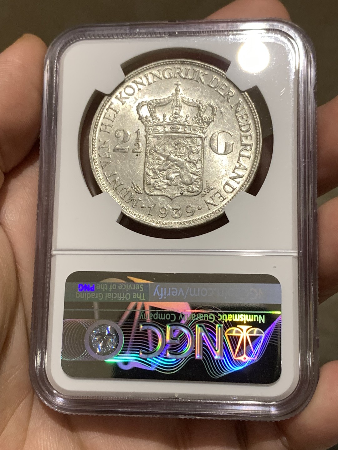 《竞宝斋》第167场-周日，周一，周四 3场 (全场包邮) 亚军分 NGC MS63 荷兰 1939年 威廉明娜  2.5G 大银币