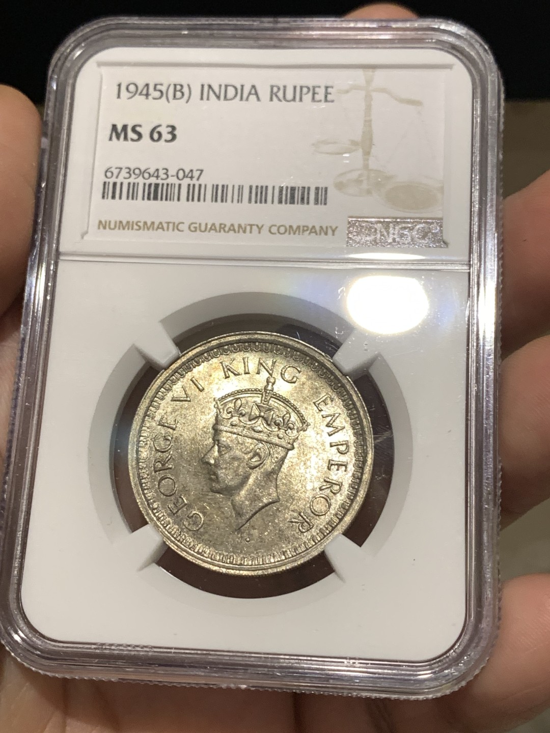 《竞宝斋》第167场-周日，周一，周四 3场 (全场包邮) NGC MS63 英属印度 1945年B版 乔治六世 1卢比银币 阴阳彩 光度一流 亚军分数 更高分仅1枚