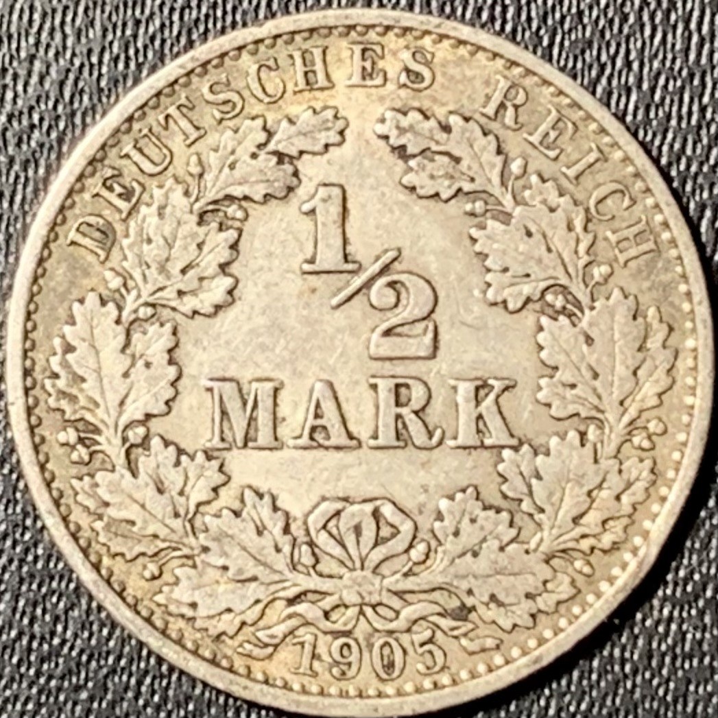 紫瑗钱币——第294期拍卖 德国 1905年 G版 第二帝国 1/2马克 2.77克 0.9银