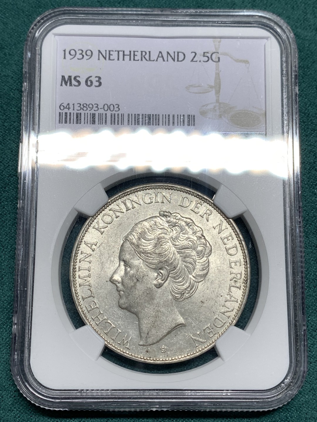 《竞宝斋》第167场-周日，周一，周四 3场 (全场包邮) 亚军分 NGC MS63 荷兰 1939年 威廉明娜  2.5G 大银币