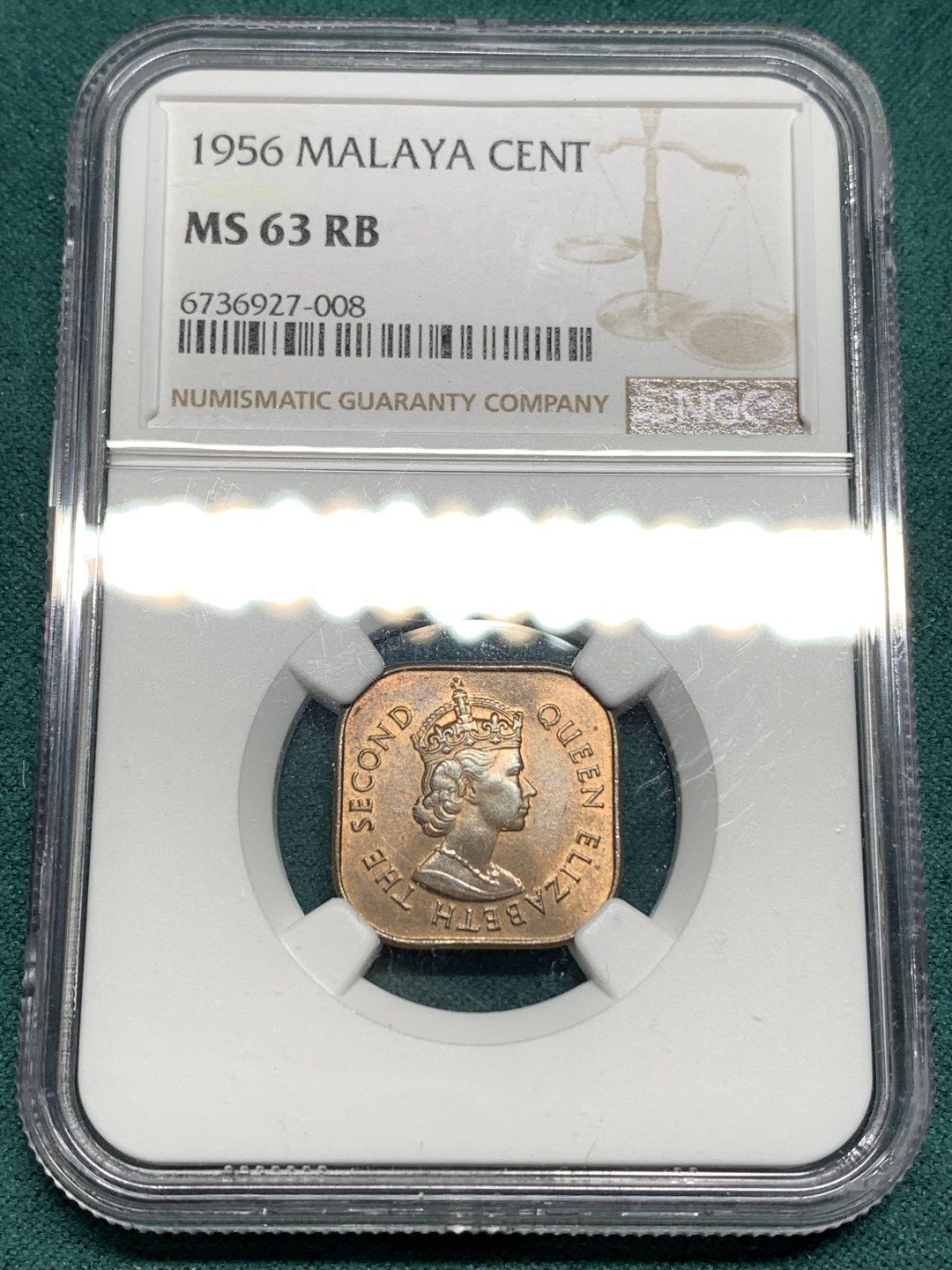 《竞宝斋》第167场-周日，周一，周四 3场 (全场包邮) NGC MS63 英属马来西亚 1956年 伊丽莎白二世方形1分铜币