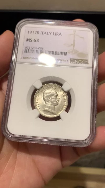 《竞宝斋》第167场-周日，周一，周四 3场 (全场包邮) NGC-MS63 意大利1917年马车一里拉银币，bu黄油光。