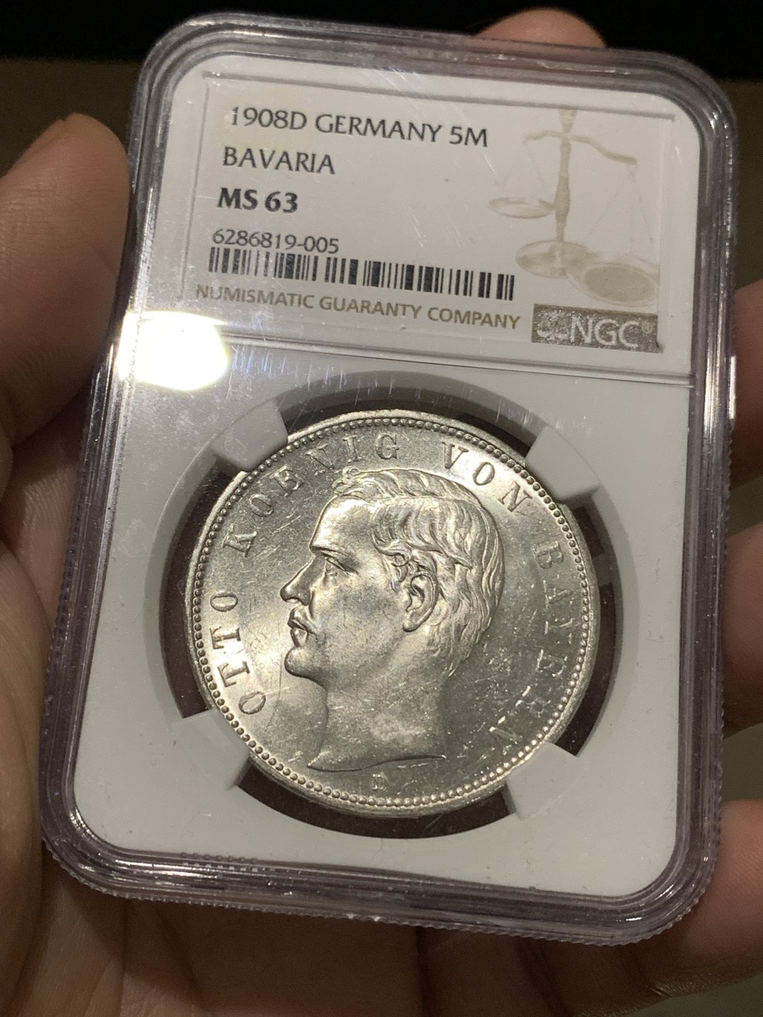 《竞宝斋》第167场-周日，周一，周四 3场 (全场包邮) NGC-MS63 德国 巴伐利亚 1908年 奥托流通5马克银币 暴光 状态优秀 略微地评