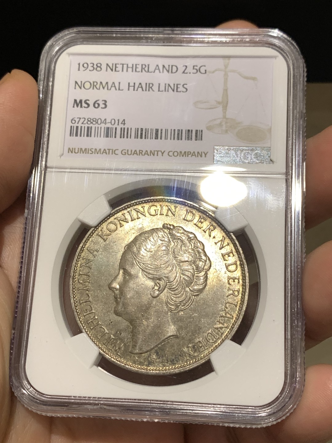 《竞宝斋》第167场-周日，周一，周四 3场 (全场包邮) NGC MS63 荷兰 1938年 威廉明娜 深发版 2.5G 大银币 更高分只有2枚