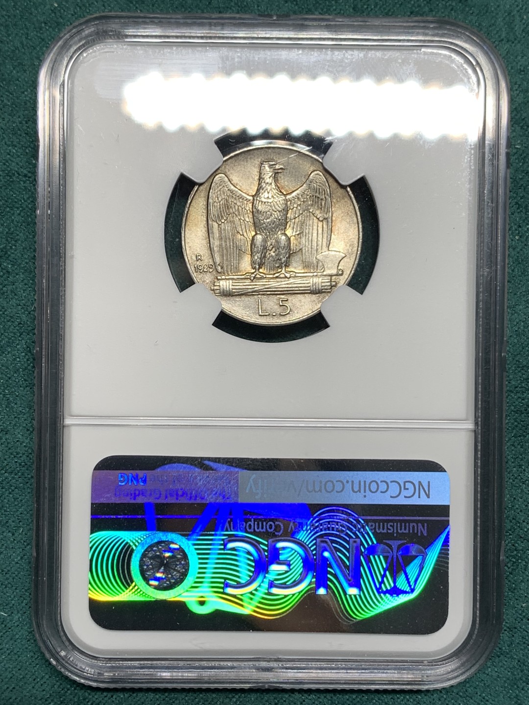《竞宝斋》第167场-周日，周一，周四 3场 (全场包邮) NGC MS63 1929年意大利鹰徽5里拉银币 品相状态非常棒