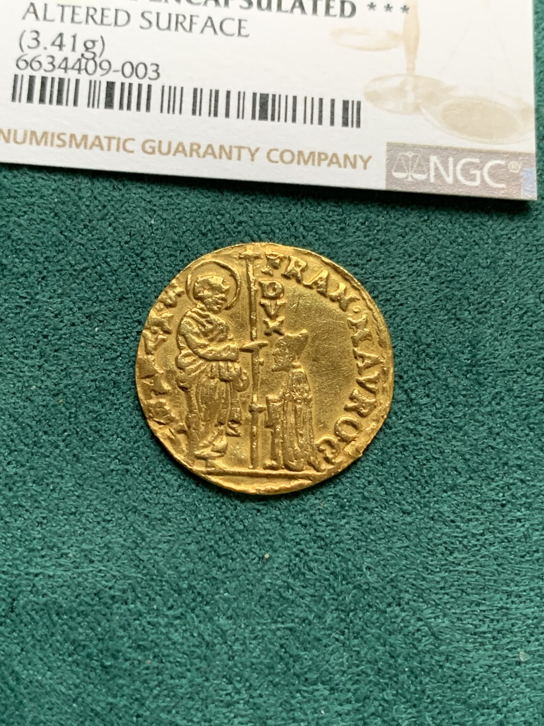 《竞宝斋》第167场-周日，周一，周四 3场 (全场包邮) 1688-94 威尼斯共和国 杜卡特金币 3.41克 999金  上海没法评级 送的美国N，给了状态改变 充分流通的必然结果