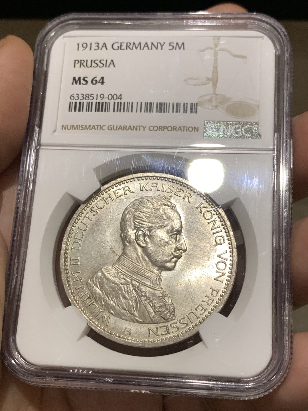 《竞宝斋》第167场-周日，周一，周四 3场 (全场包邮) NGC-MS64 德国 1913 普鲁士威廉二世执政25周年纪念5马克银币 威廉二世戎装5马克  底版镜面细节锐利 压印饱满