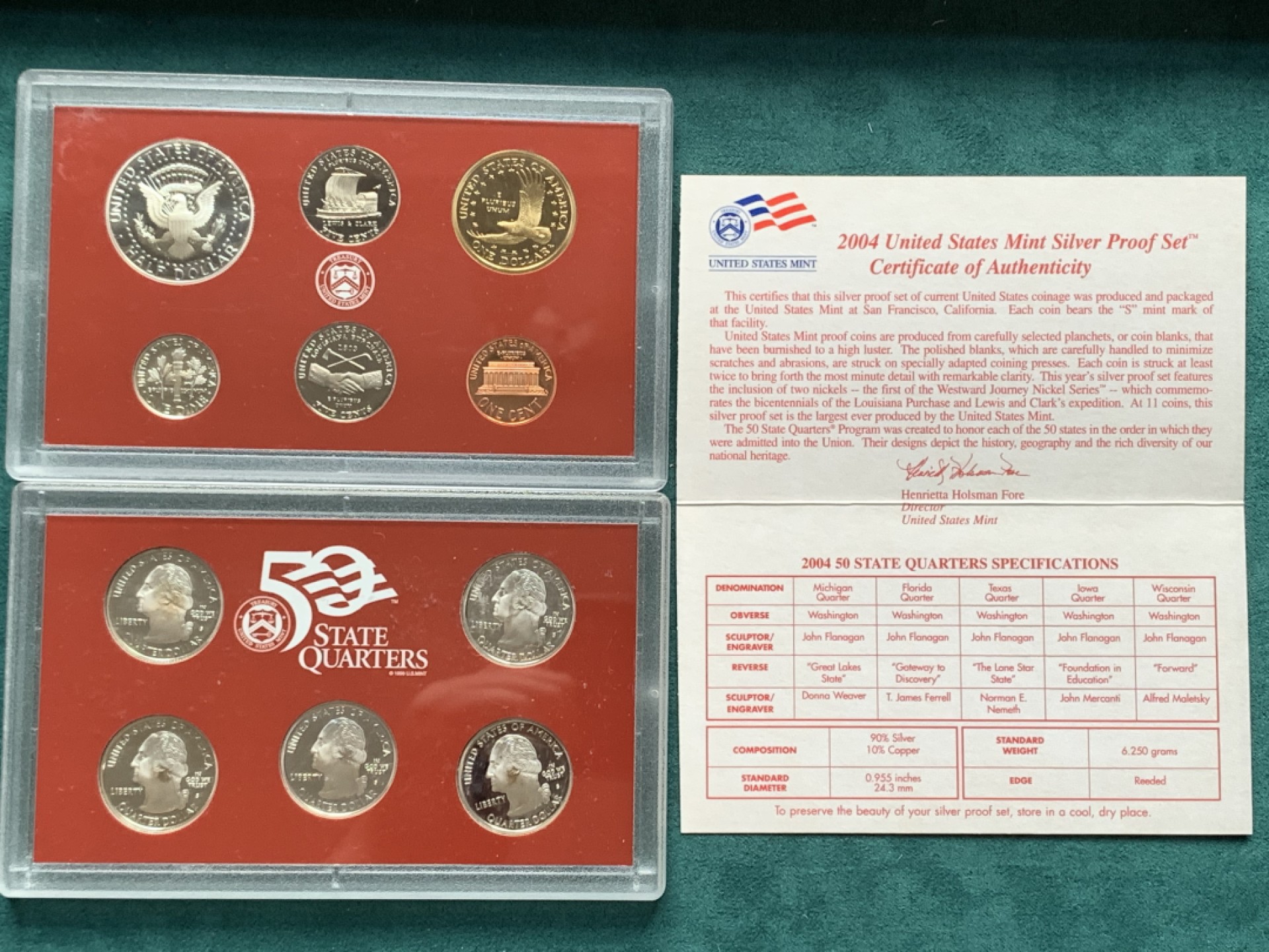 《竞宝斋》第167场-周日，周一，周四 3场 (全场包邮) 2004年美国精制银质套币，含1枚50美分，5枚25美分，1枚10美分共7枚银币