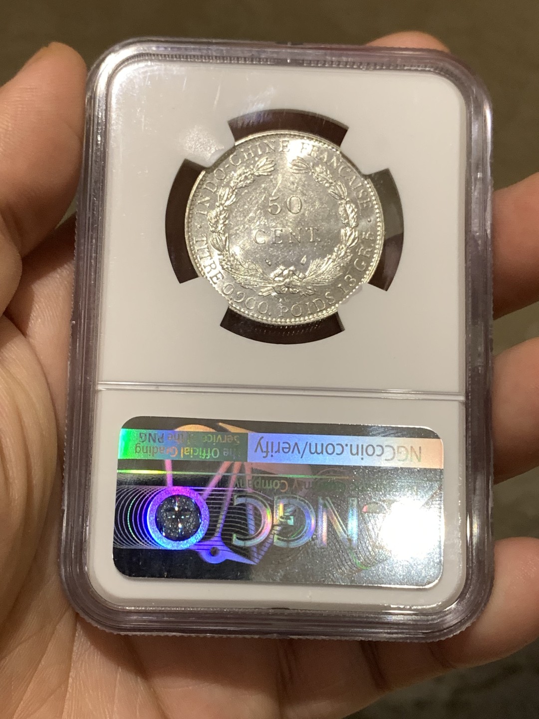 《竞宝斋》第167场-周日，周一，周四 3场 (全场包邮) NGC-MS62 法属印支 1936年 50分 银币 高浮雕 转光十足 PL底板