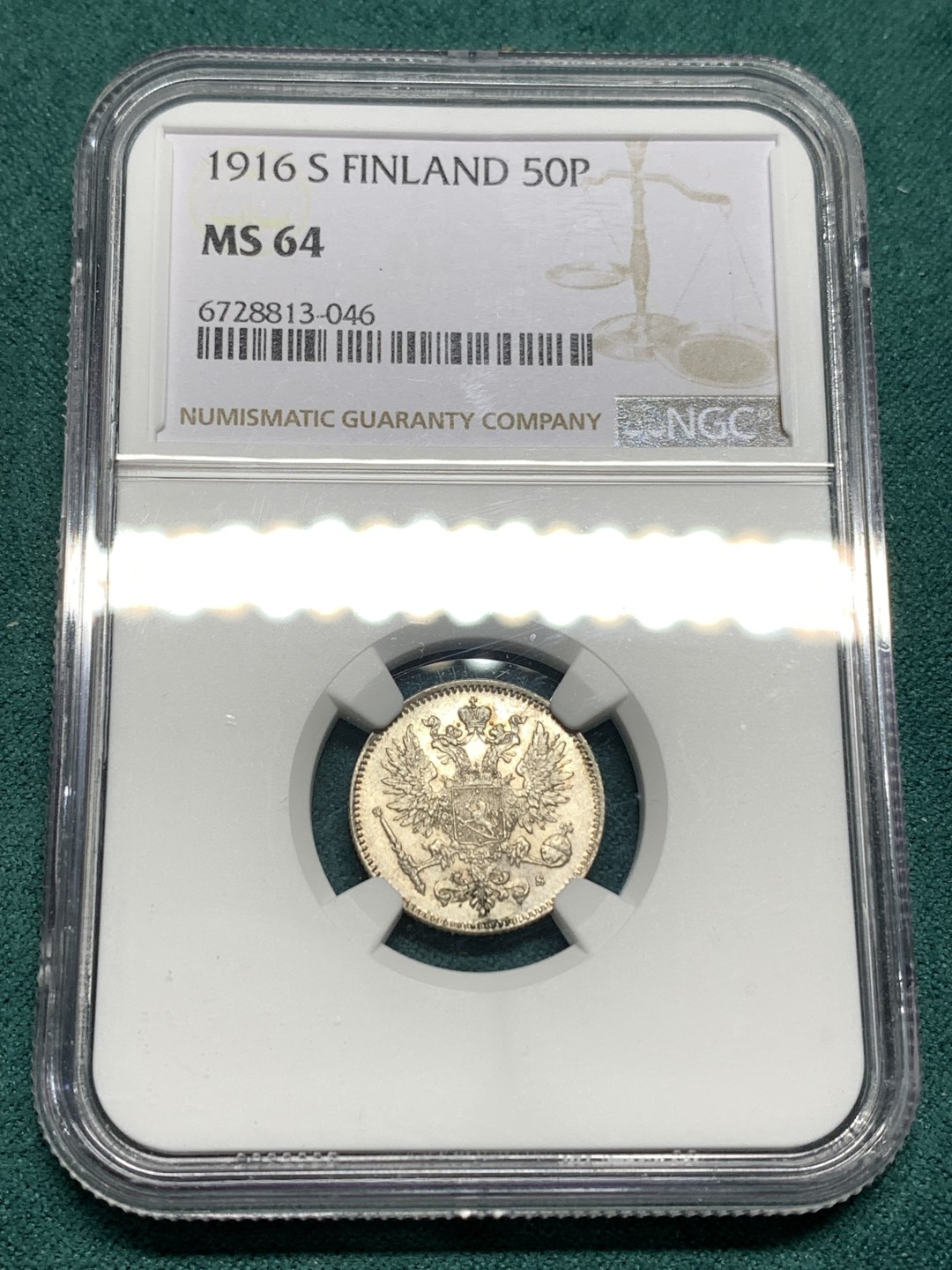 《竞宝斋》第167场-周日，周一，周四 3场 (全场包邮) NGC MS64 1916年 俄占芬兰 50P 银币 光度不错