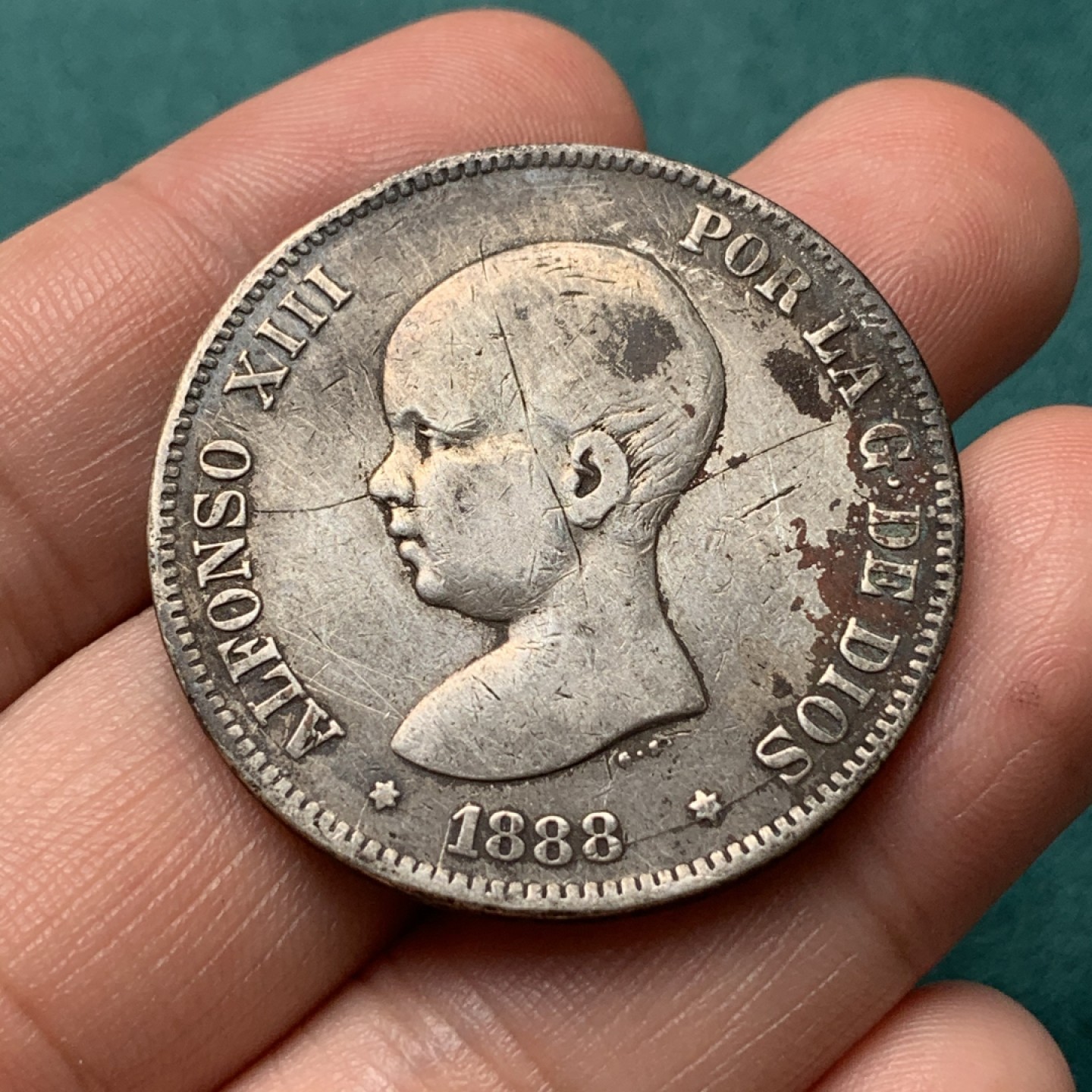 《竞宝斋》第167场-周日，周一，周四 3场 (全场包邮) 1888年阿方索十三世婴儿头5比塞塔银币