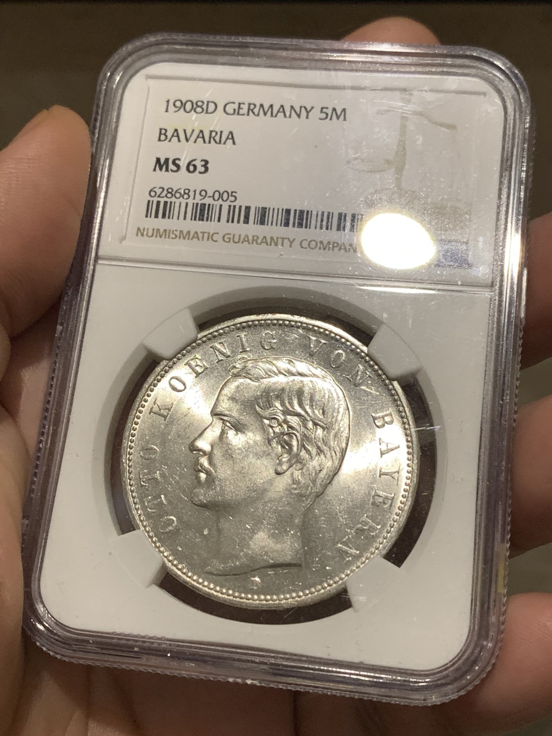 《竞宝斋》第167场-周日，周一，周四 3场 (全场包邮) NGC-MS63 德国 巴伐利亚 1908年 奥托流通5马克银币 暴光 状态优秀 略微地评