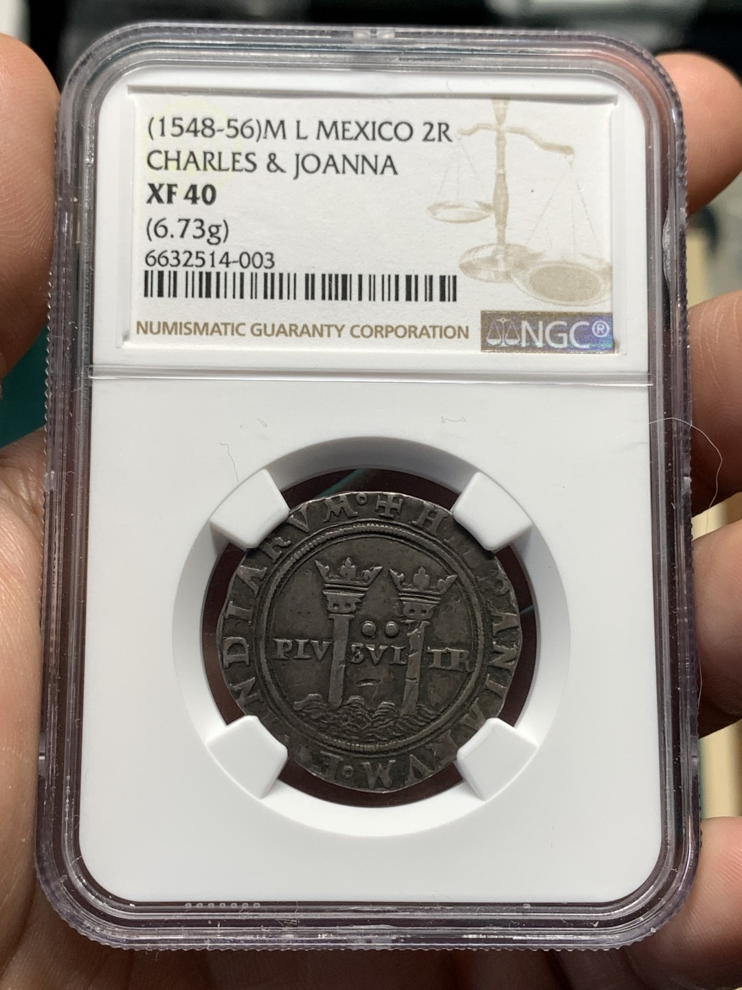 《竞宝斋》第167场-周日，周一，周四 3场 (全场包邮) NGC-XF40 西属墨西哥双柱1548-1556年2里亚尔银币 西属殖民地最早的双柱之一 卡洛斯一世和胡安娜女王 打制居中图案清晰铭文完整包浆深沉出分不易