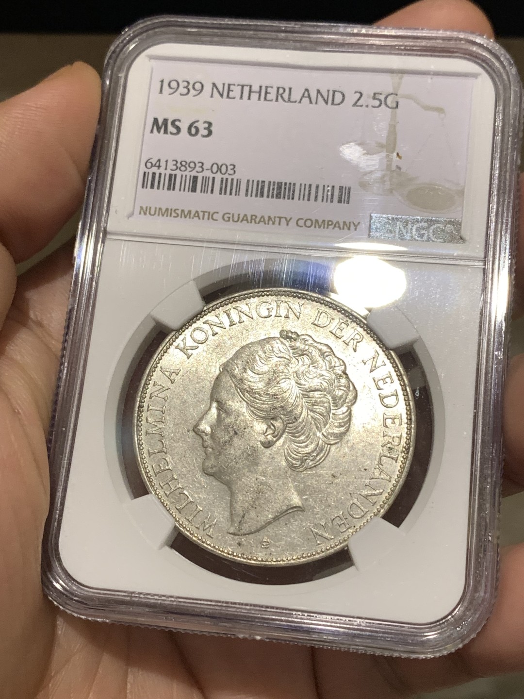 《竞宝斋》第167场-周日，周一，周四 3场 (全场包邮) 亚军分 NGC MS63 荷兰 1939年 威廉明娜  2.5G 大银币