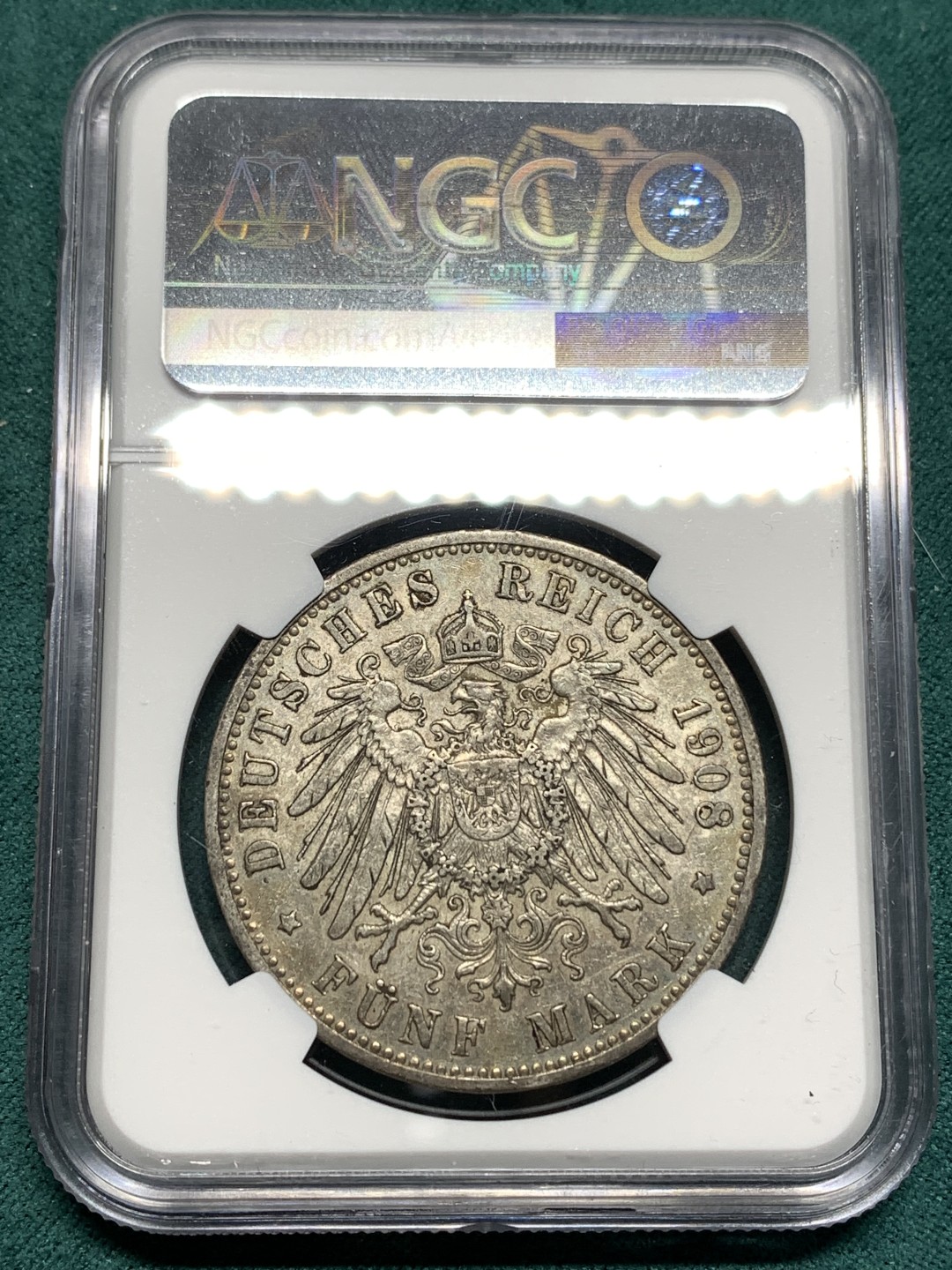 《竞宝斋》第167场-周日，周一，周四 3场 (全场包邮) NGC AU50 德国 1908年 威廉二世 5马克 银币 流通币 AU50不容易