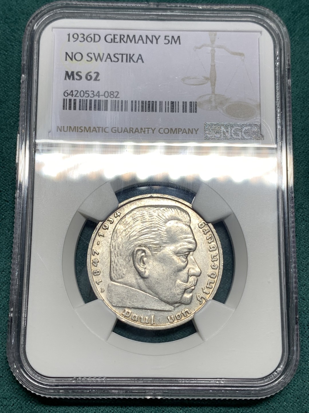 《竞宝斋》第167场-周日，周一，周四 3场 (全场包邮) NGC-MS62 德国 1936年D 兴登堡 鹰版 5马克 银币