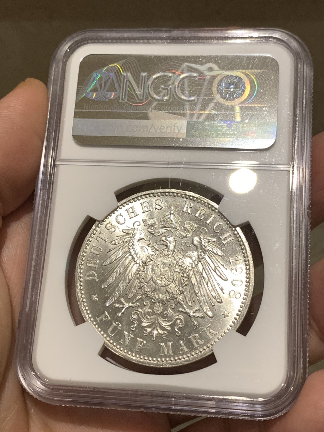 《竞宝斋》第167场-周日，周一，周四 3场 (全场包邮) NGC-MS63 德国 巴伐利亚 1908年 奥托流通5马克银币 暴光 状态优秀 略微地评