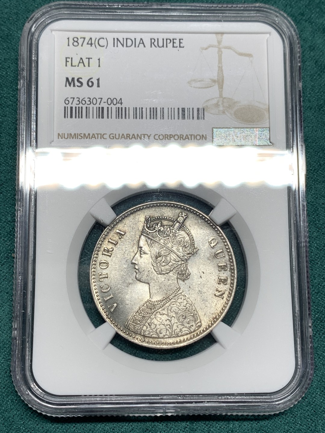 《竞宝斋》第167场-周日，周一，周四 3场 (全场包邮) NGC MS61 英属印度 1874年 维多利亚 1卢比 银币 MS不多