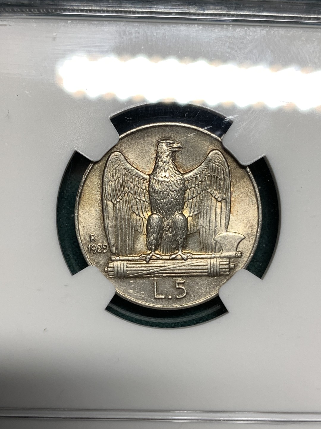 《竞宝斋》第167场-周日，周一，周四 3场 (全场包邮) NGC MS63 1929年意大利鹰徽5里拉银币 品相状态非常棒