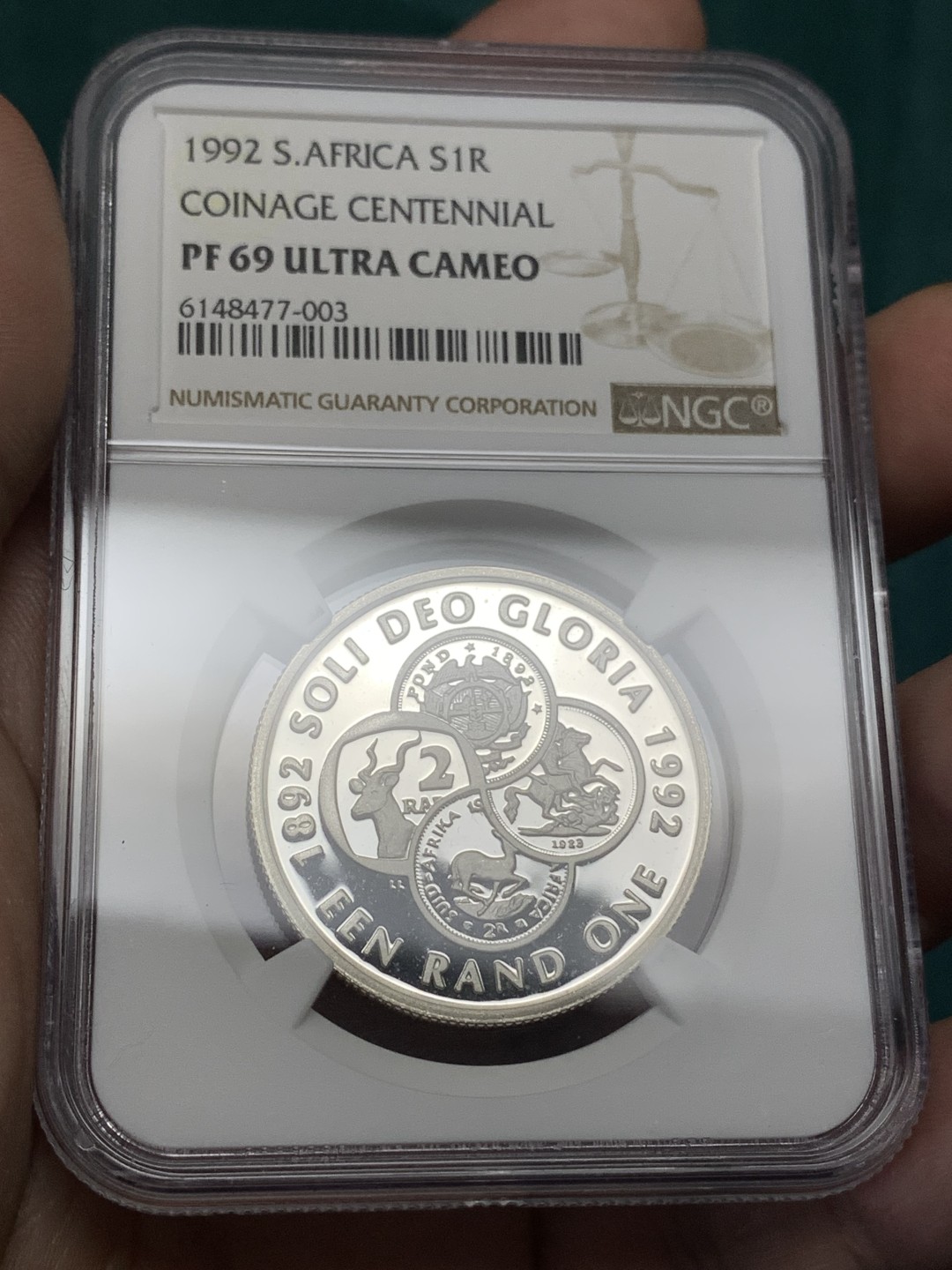 《竞宝斋》第167场-周日，周一，周四 3场 (全场包邮) NGC-PF69UC 南非 1992年铸币百年纪念精制银币（币中币，亚军分 ）