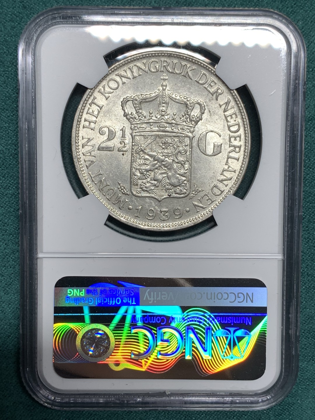 《竞宝斋》第167场-周日，周一，周四 3场 (全场包邮) 亚军分 NGC MS63 荷兰 1939年 威廉明娜  2.5G 大银币