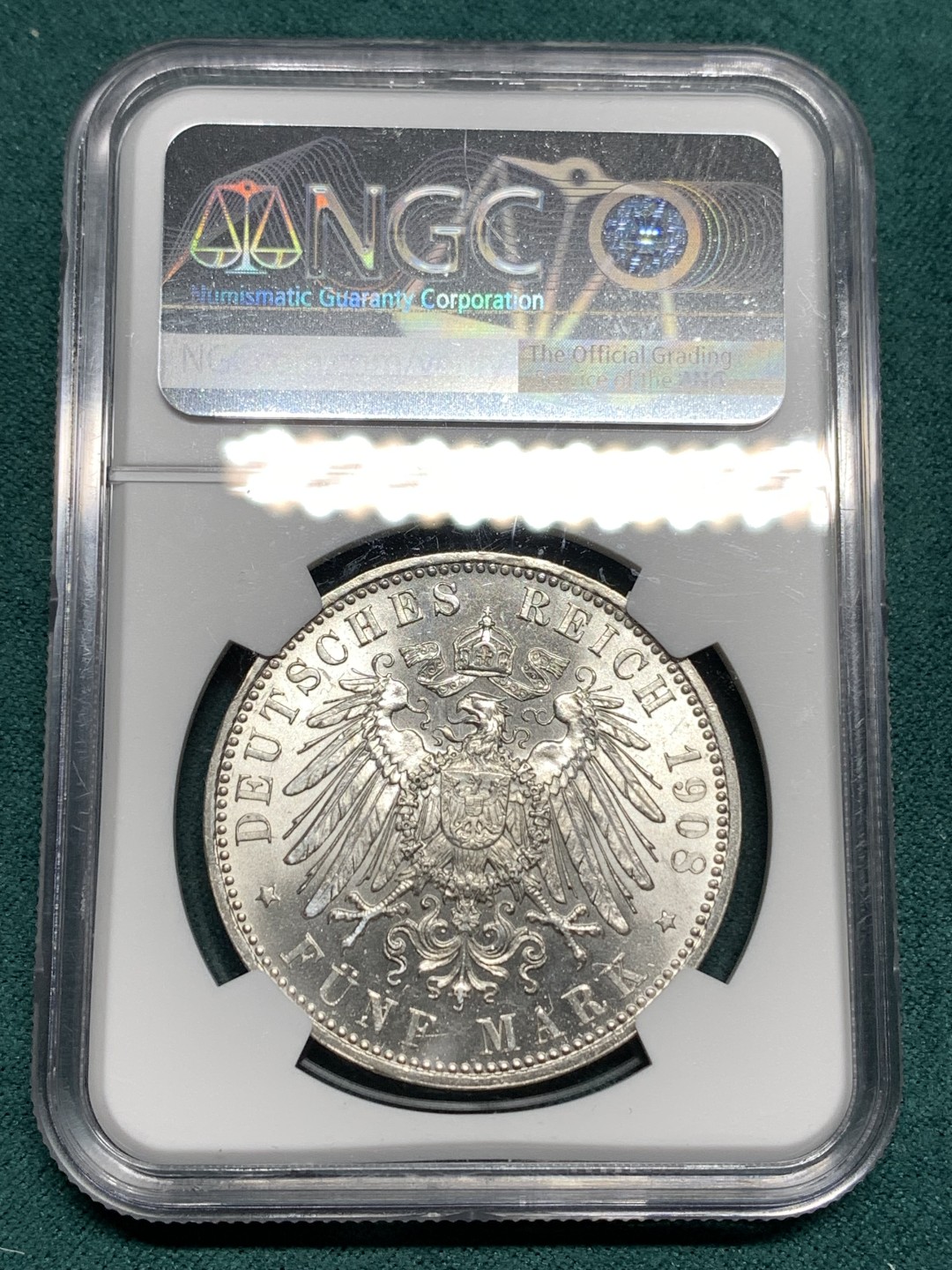 《竞宝斋》第167场-周日，周一，周四 3场 (全场包邮) NGC-MS63 德国 巴伐利亚 1908年 奥托流通5马克银币 暴光 状态优秀 略微地评