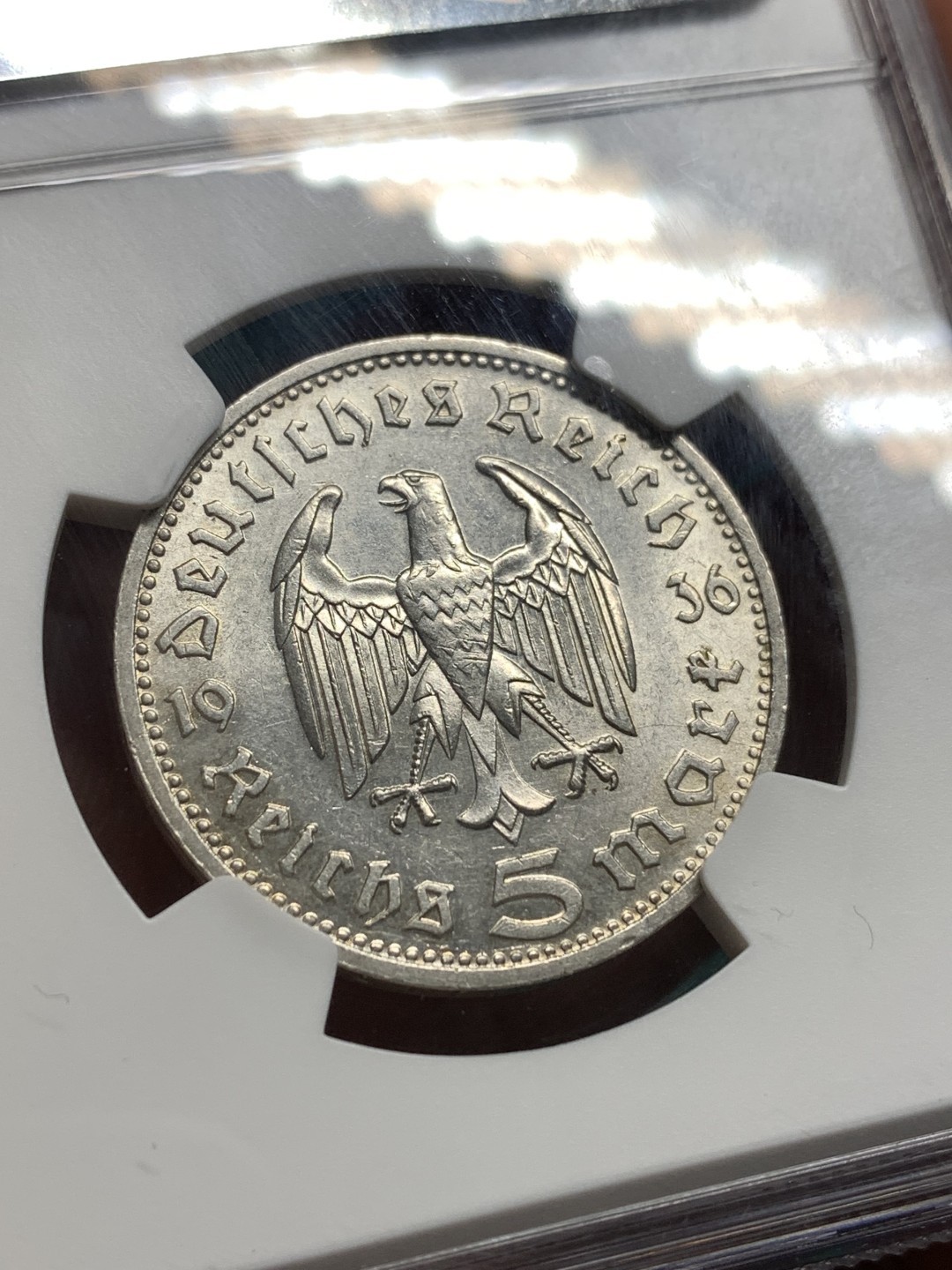 《竞宝斋》第167场-周日，周一，周四 3场 (全场包邮) NGC-MS62 德国 1936年D 兴登堡 鹰版 5马克 银币