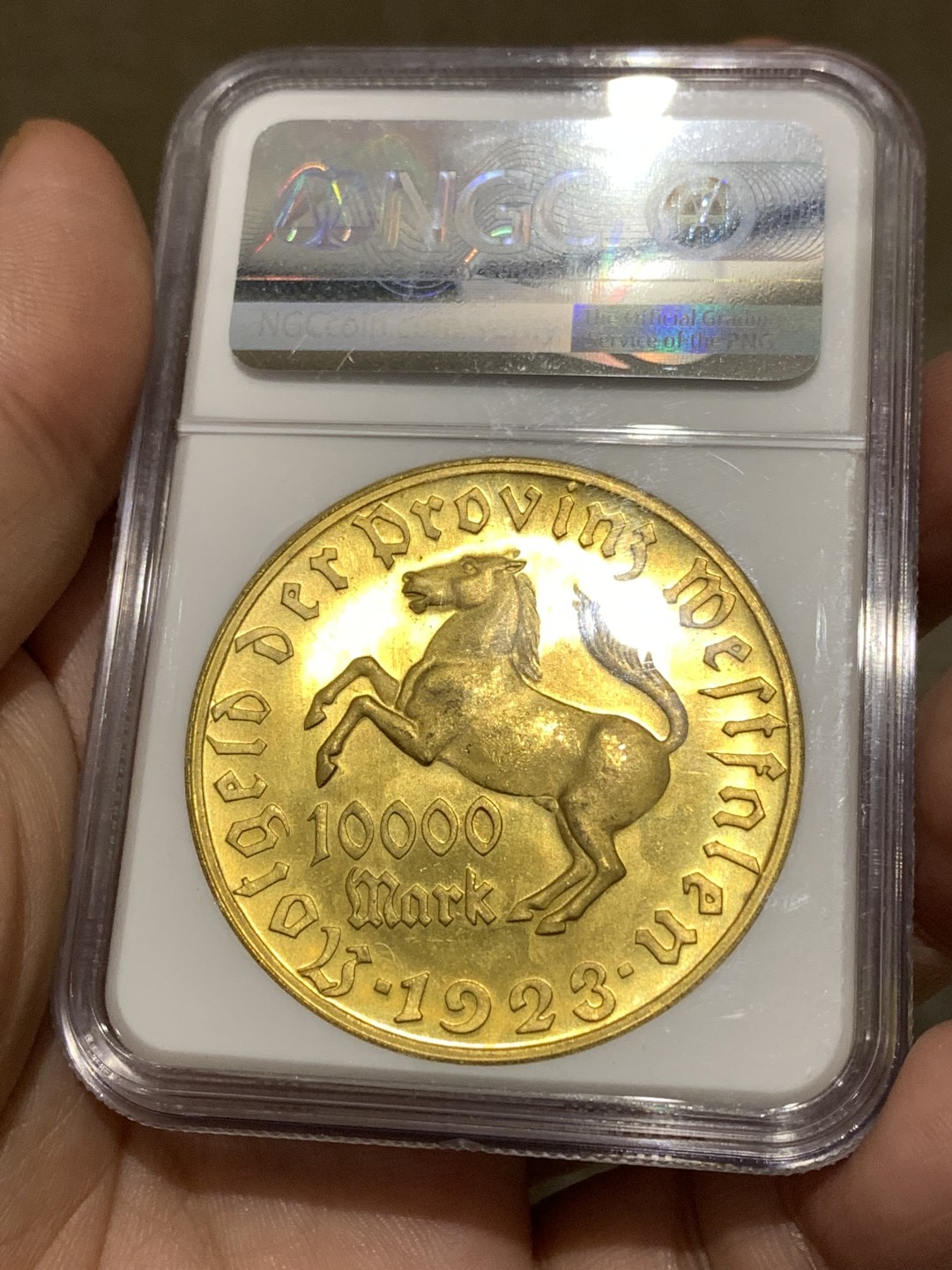 《竞宝斋》第167场-周日，周一，周四 3场 (全场包邮) NGC-MS66 德国 1923 威斯特法伦1万镀金马克 镀层非常完美 光度很好