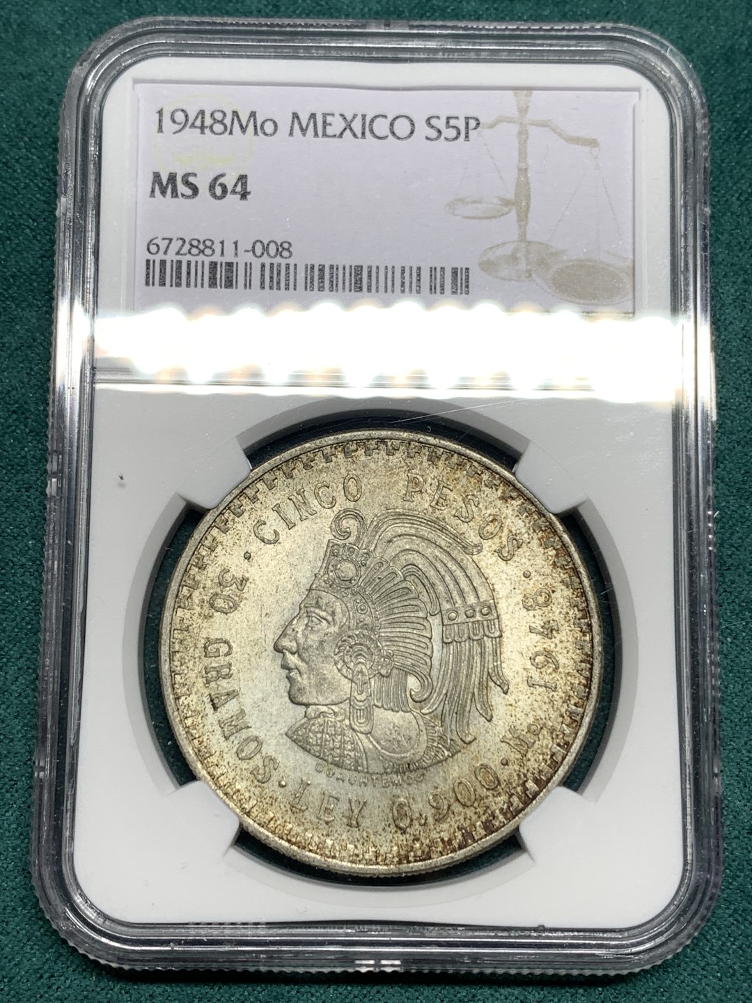 《竞宝斋》第167场-周日，周一，周四 3场 (全场包邮) NGC MS64 墨西哥 印第安人 5比索大银币 原味包浆 上64少