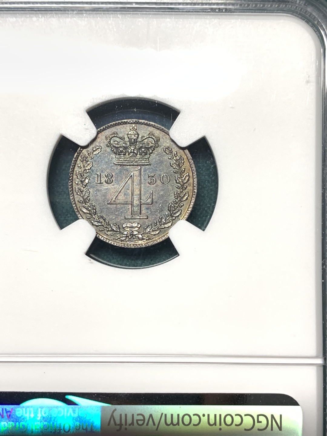 《竞宝斋》第167场-周日，周一，周四 3场 (全场包邮) NGC AU58-MS61 英国 1830年 乔治四世 濯足节银币 通体欧洲五彩包浆 低评状态 乔四在位仅9年 发行量比后面的濯足币少很多 全套有分不容易 参考2018年外拍一套状态稍逊的裸币成交432美元