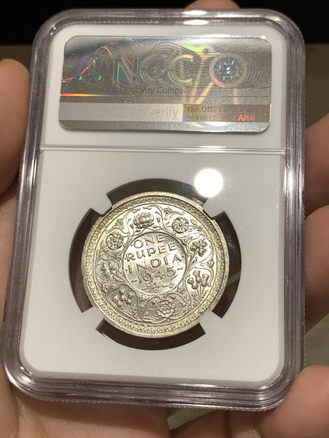 《竞宝斋》第167场-周日，周一，周四 3场 (全场包邮) NGC MS63 英属印度 1945年B版 乔治六世 1卢比银币 阴阳彩 光度一流 亚军分数 更高分仅1枚