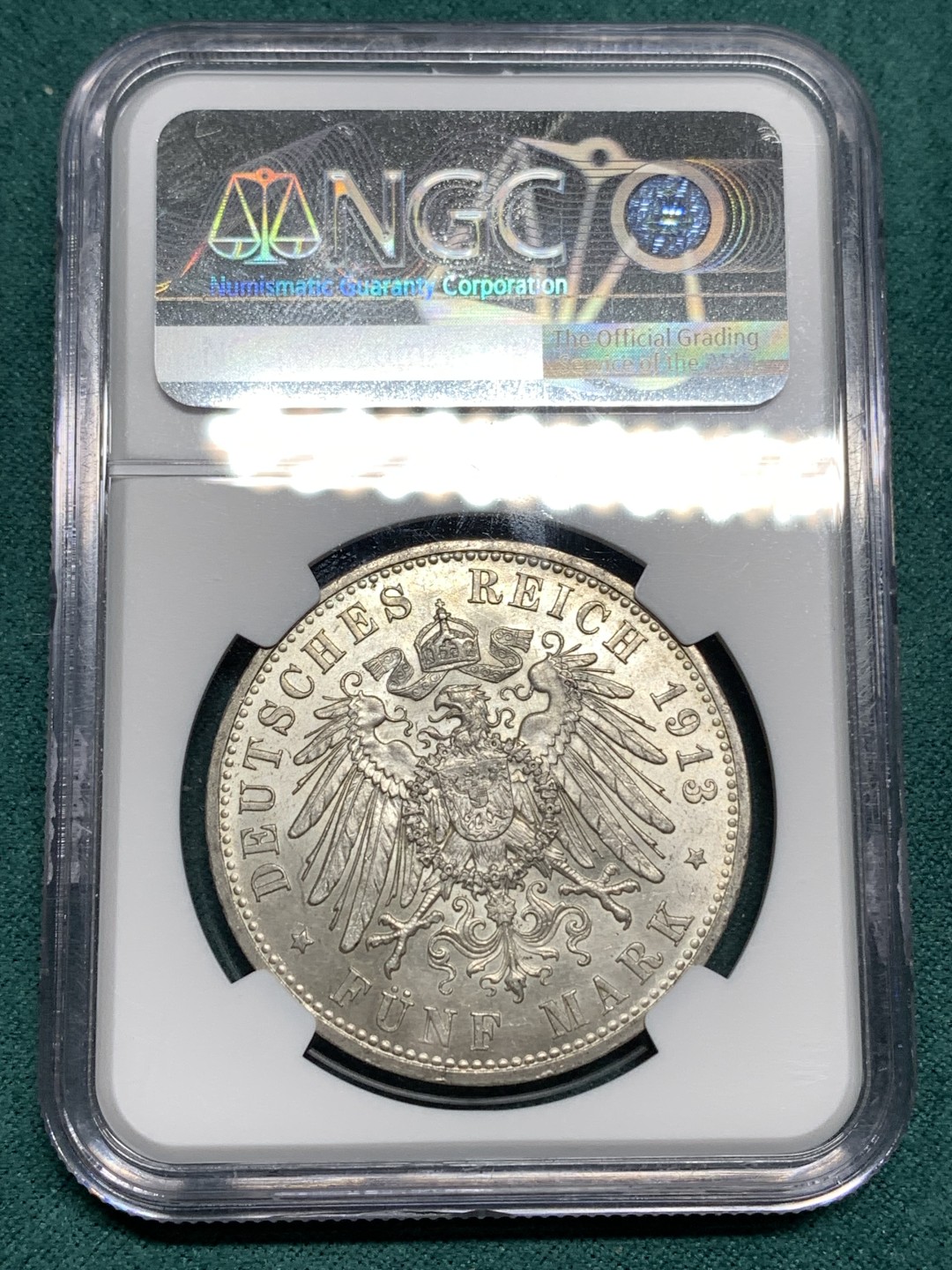 《竞宝斋》第167场-周日，周一，周四 3场 (全场包邮) NGC-MS64 德国 1913 普鲁士威廉二世执政25周年纪念5马克银币 威廉二世戎装5马克  底版镜面细节锐利 压印饱满