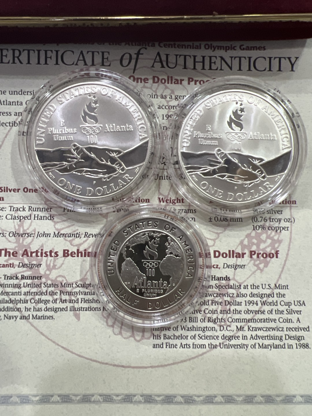 飞翔风筝外国硬币纸币第一场 美国1995年亚特兰大奥运会银币3枚包装齐全