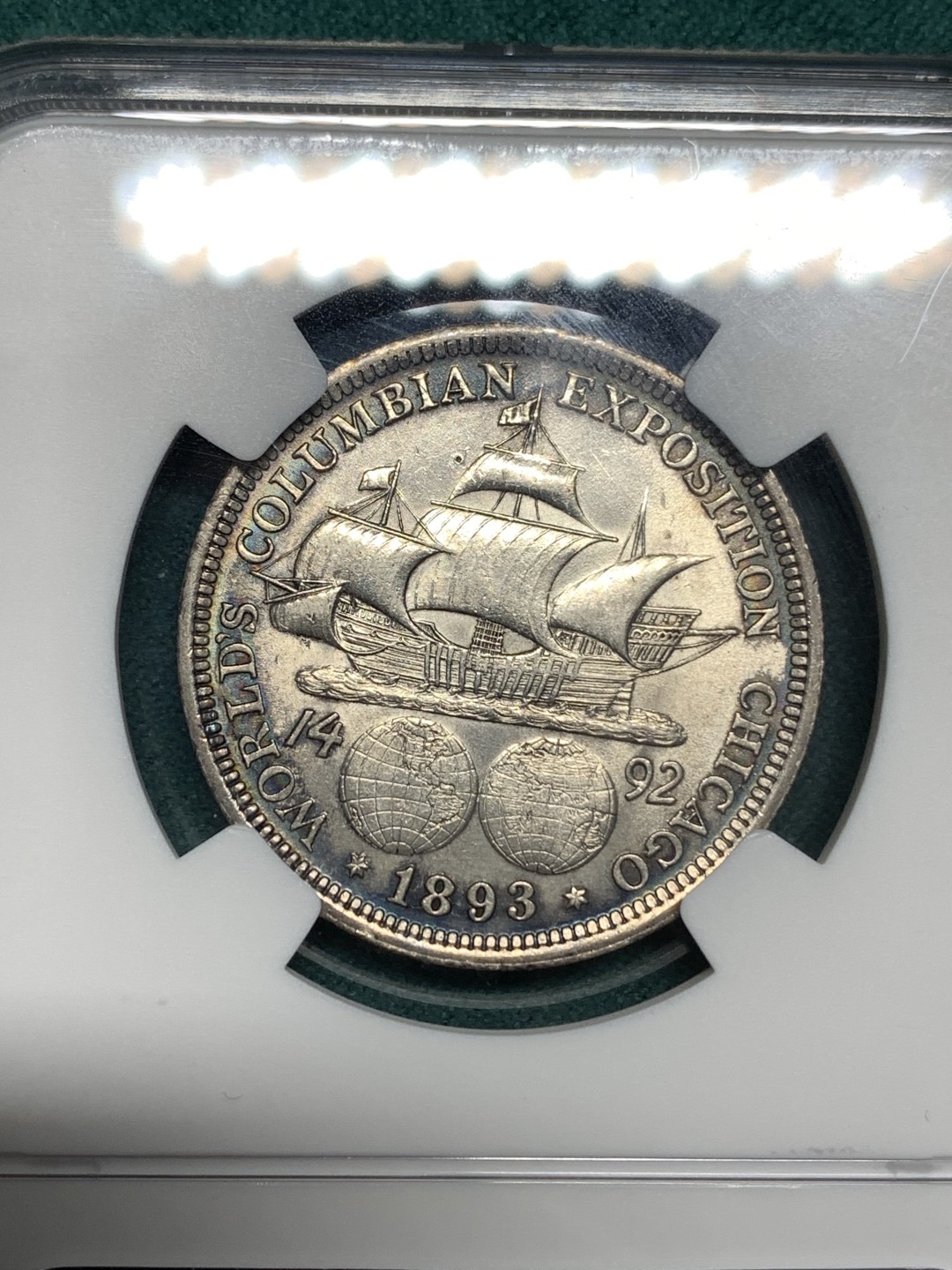 《竞宝斋》第167场-周日，周一，周四 3场 (全场包邮) NGC-AU58 美国 1893年 哥伦布 50美分 半美元 航海纪念 银币 黑色环彩