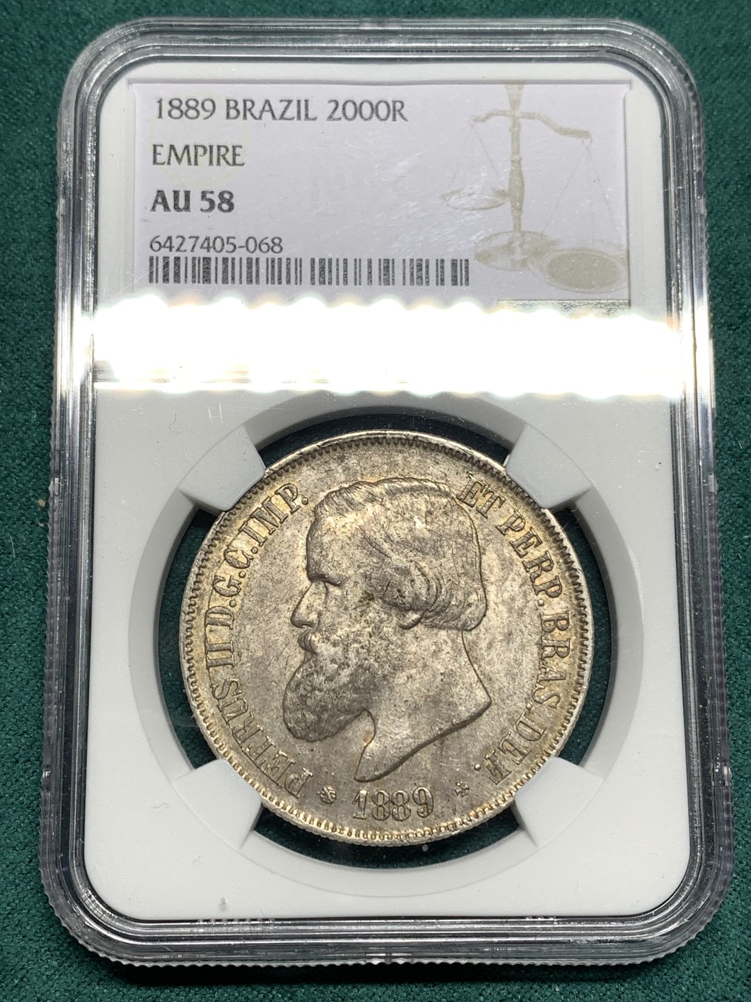 《竞宝斋》第167场-周日，周一，周四 3场 (全场包邮) NGC AU58 巴西 1889年 2000瑞斯 大银币 大胡子原味包浆 很不错