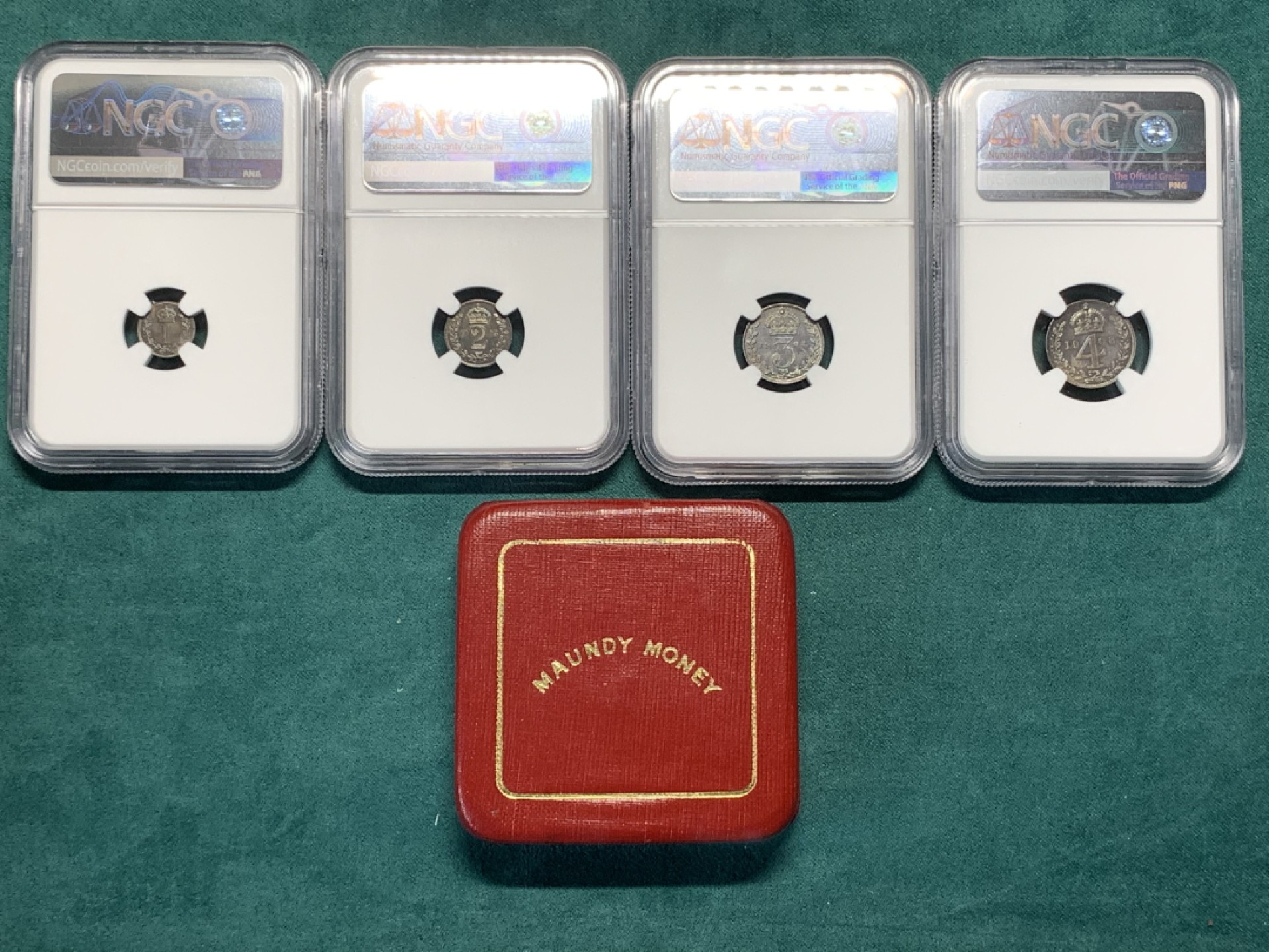 《竞宝斋》第167场-周日，周一，周四 3场 (全场包邮) 1908年 英国濯足银币NGC一套4枚，带原盒。1P MS65，2P MS64，3P MS63，4P MS62