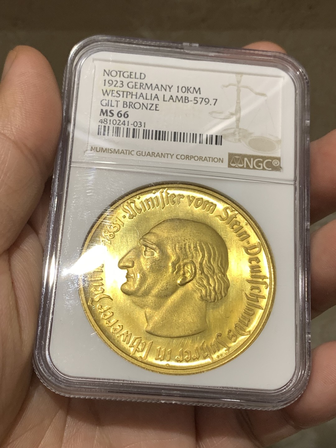 《竞宝斋》第167场-周日，周一，周四 3场 (全场包邮) NGC-MS66 德国 1923 威斯特法伦1万镀金马克 镀层非常完美 光度很好