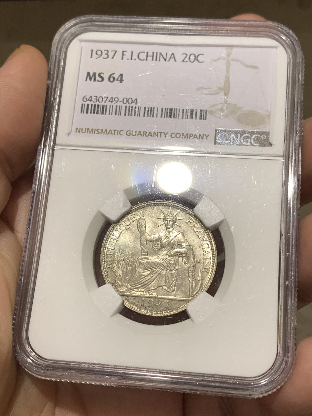 《竞宝斋》第167场-周日，周一，周四 3场 (全场包邮) NGC-MS64 法属印支1937年小坐洋 20分银币