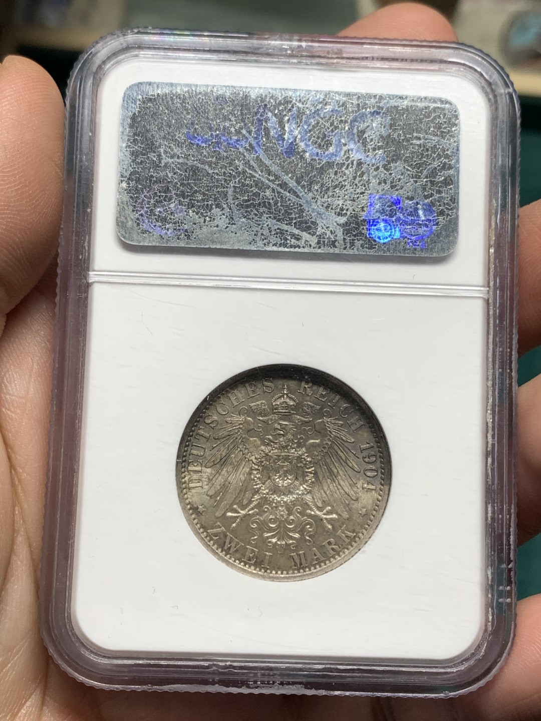 《竞宝斋》第167场-周日，周一，周四 3场 (全场包邮) NGC-MS64 德国 1904 普鲁士威廉二世 流通2马克银币 NGC老盒严评 五彩包浆 65以上价格已接近翻倍 64性价比好