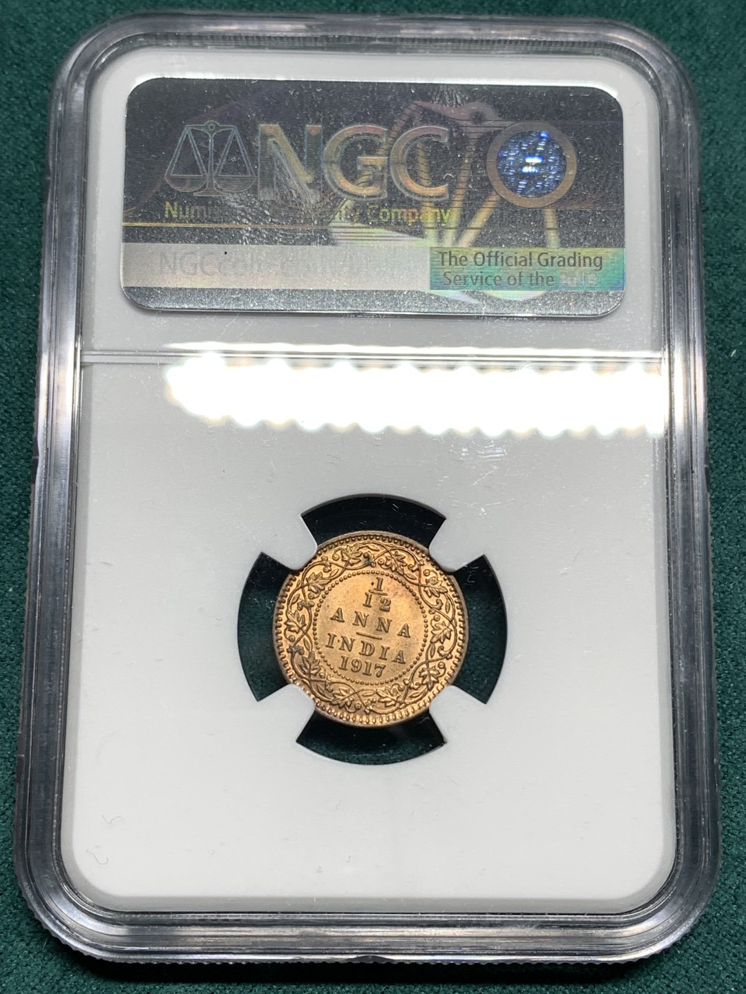 《竞宝斋》第167场-周日，周一，周四 3场 (全场包邮) NGC-MS65RB 英属印度 乔治五世 1917年 C版 1/12安娜 铜币 极品原光 完美铜币红光