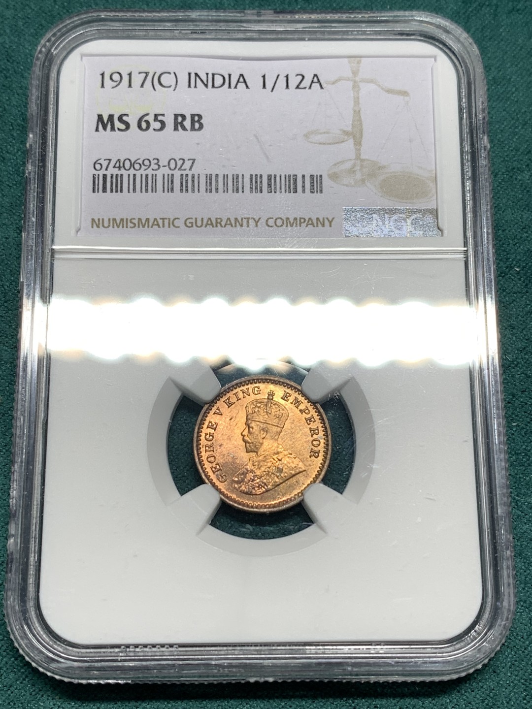 《竞宝斋》第167场-周日，周一，周四 3场 (全场包邮) NGC-MS65RB 英属印度 乔治五世 1917年 C版 1/12安娜 铜币 极品原光 完美铜币红光