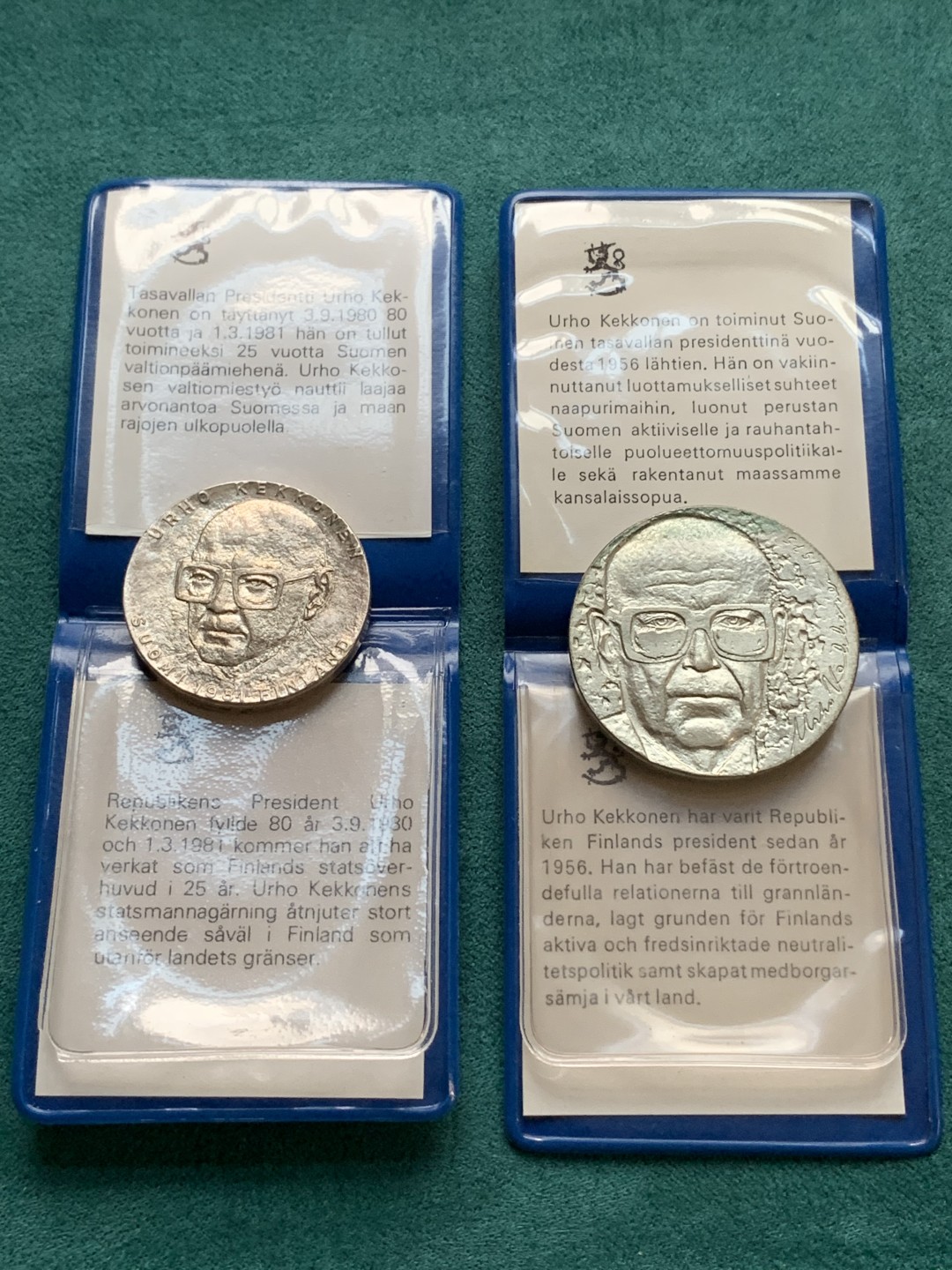 《竞宝斋》第167场-周日，周一，周四 3场 (全场包邮) 芬兰总理吉科宁银币2个，总重43.43克，带蓝色原封皮套和说明书
