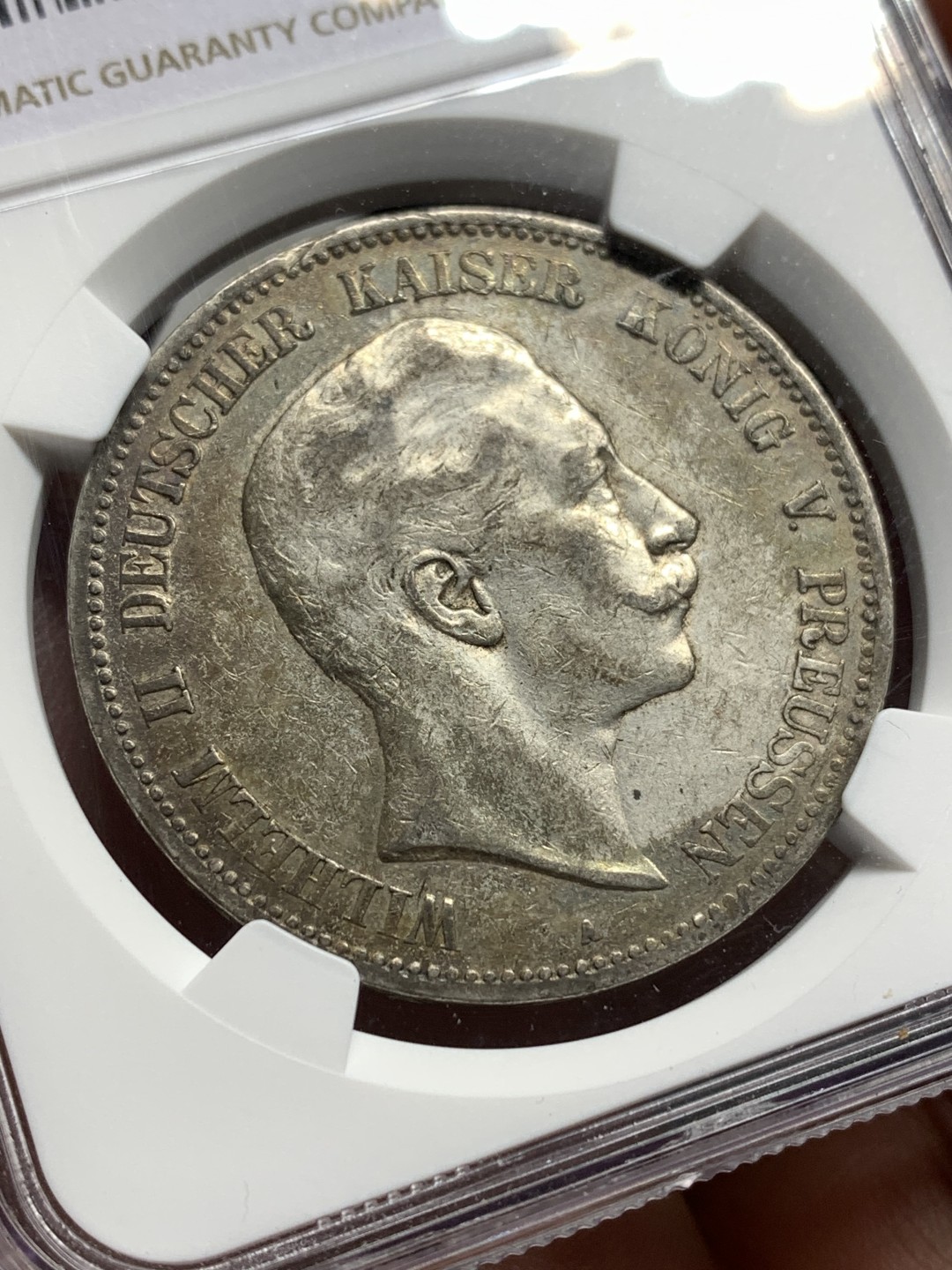 《竞宝斋》第167场-周日，周一，周四 3场 (全场包邮) NGC AU50 德国 1908年 威廉二世 5马克 银币 流通币 AU50不容易