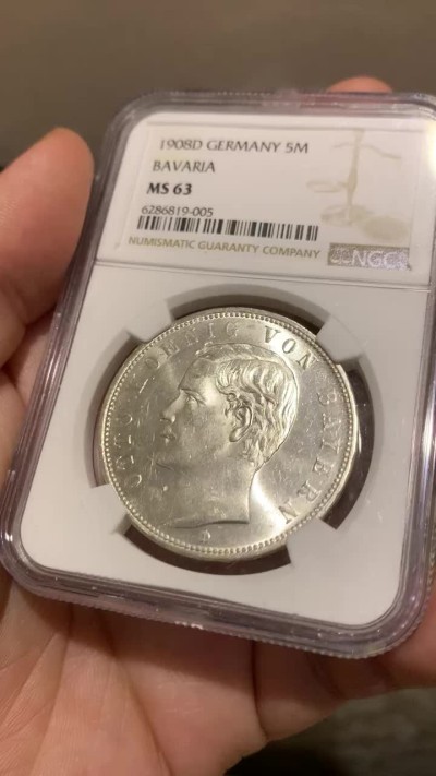 《竞宝斋》第167场-周日，周一，周四 3场 (全场包邮) NGC-MS63 德国 巴伐利亚 1908年 奥托流通5马克银币 暴光 状态优秀 略微地评